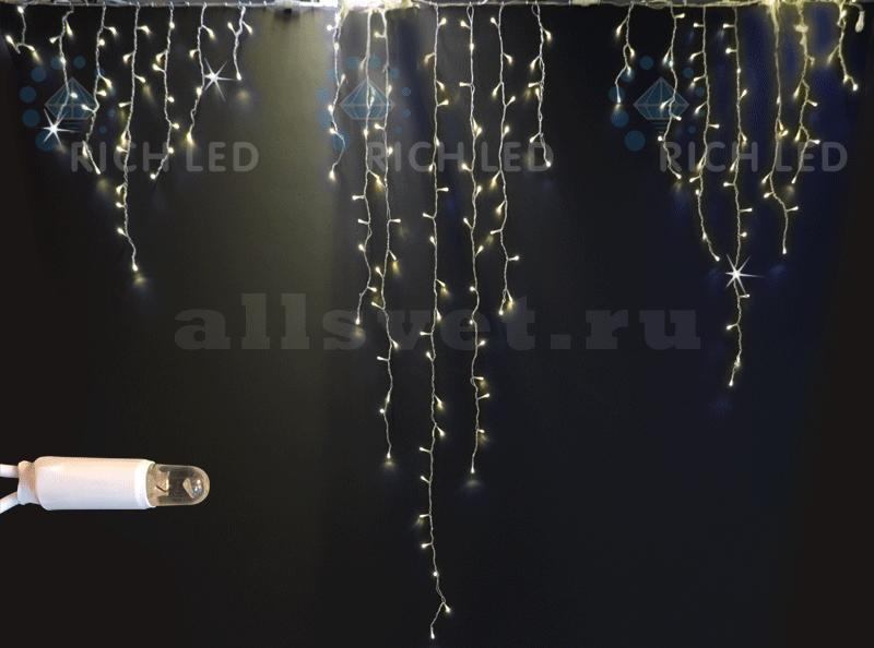 Светодиодная бахрома Rich LED 2.4x2.2 м мерцающая, IP65 герметичный колпачок, белый провод